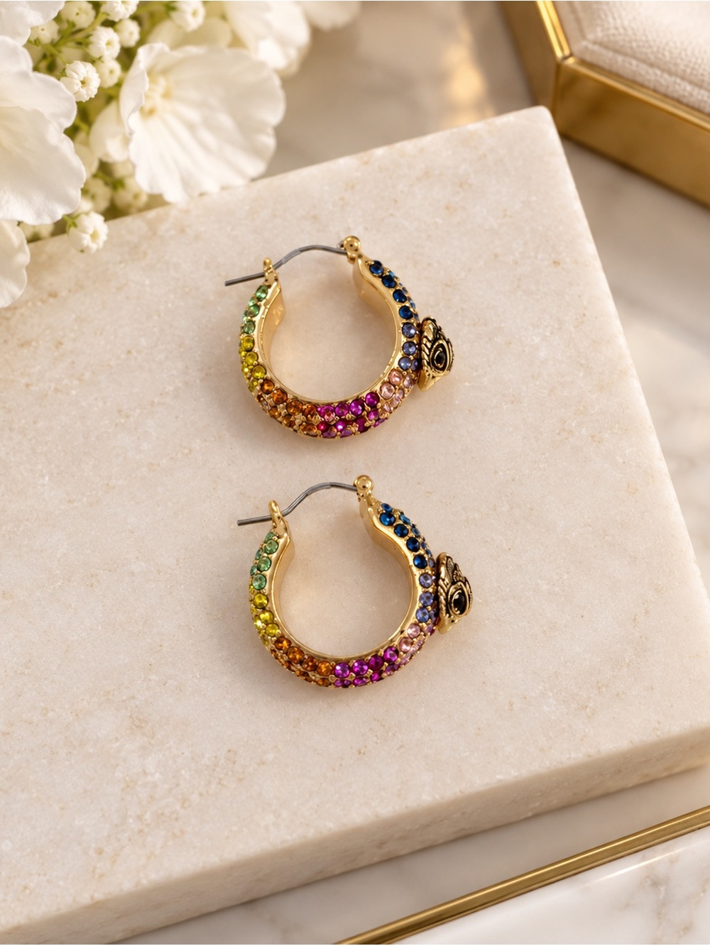 Kurt Geiger Gold Hoop Earrings with Blue and Pink Stones